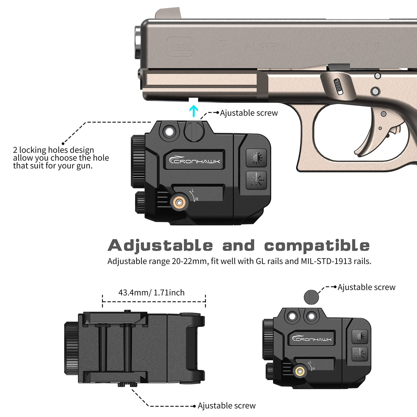 CRONHAWK 500 Lumens Tactical Weapon Flashlights Laser Sight - Rail-Mounted Light and Blue Laser Light Combo for Pistol with Picatinny Rail and GL Rails - Magnetic Charging Port