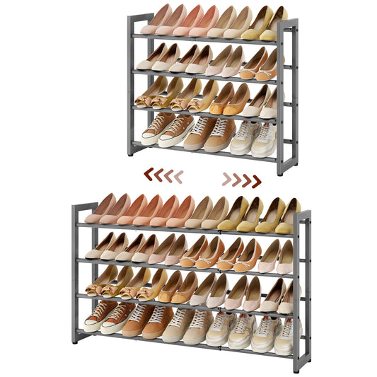 FAVOOSTY 4-Tier Expandable Shoe Rack, Adjustable Shoe Shelf Storage Organizer Space Saving Metal Free Standing Shoe Rack for Entryway Closet Doorway, Silver Grey