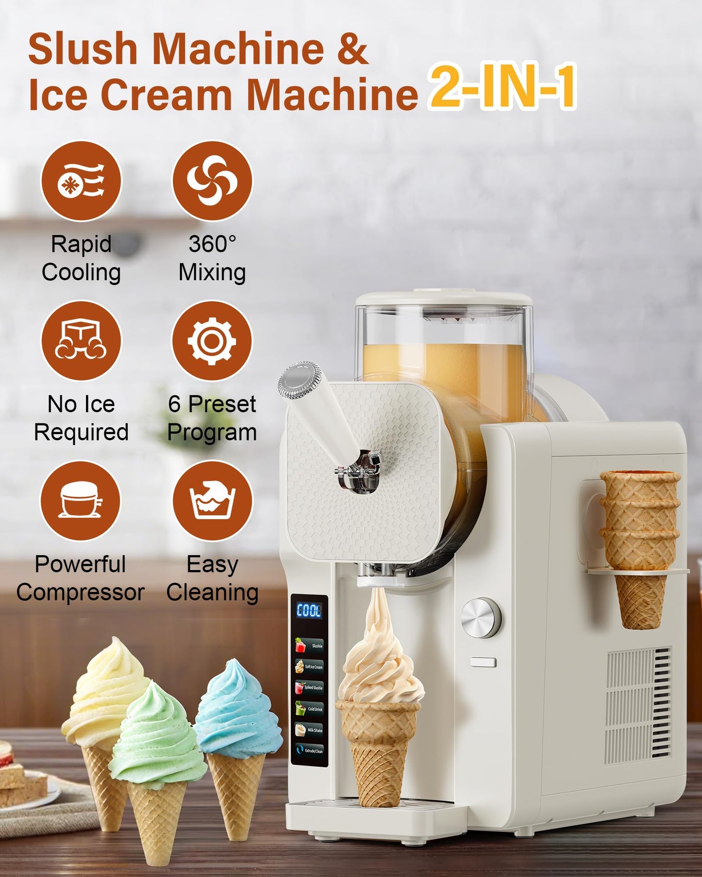 Slush Machine & Ice Cream Maker Machine 2-IN-1, 6 Modes for Smoothies, Milkshakes, Cocktails, Margarita, and Ice Cream, Double-Layer Tank, With Ice Cream Cone Holder, Self-Cleaning, For Home Use