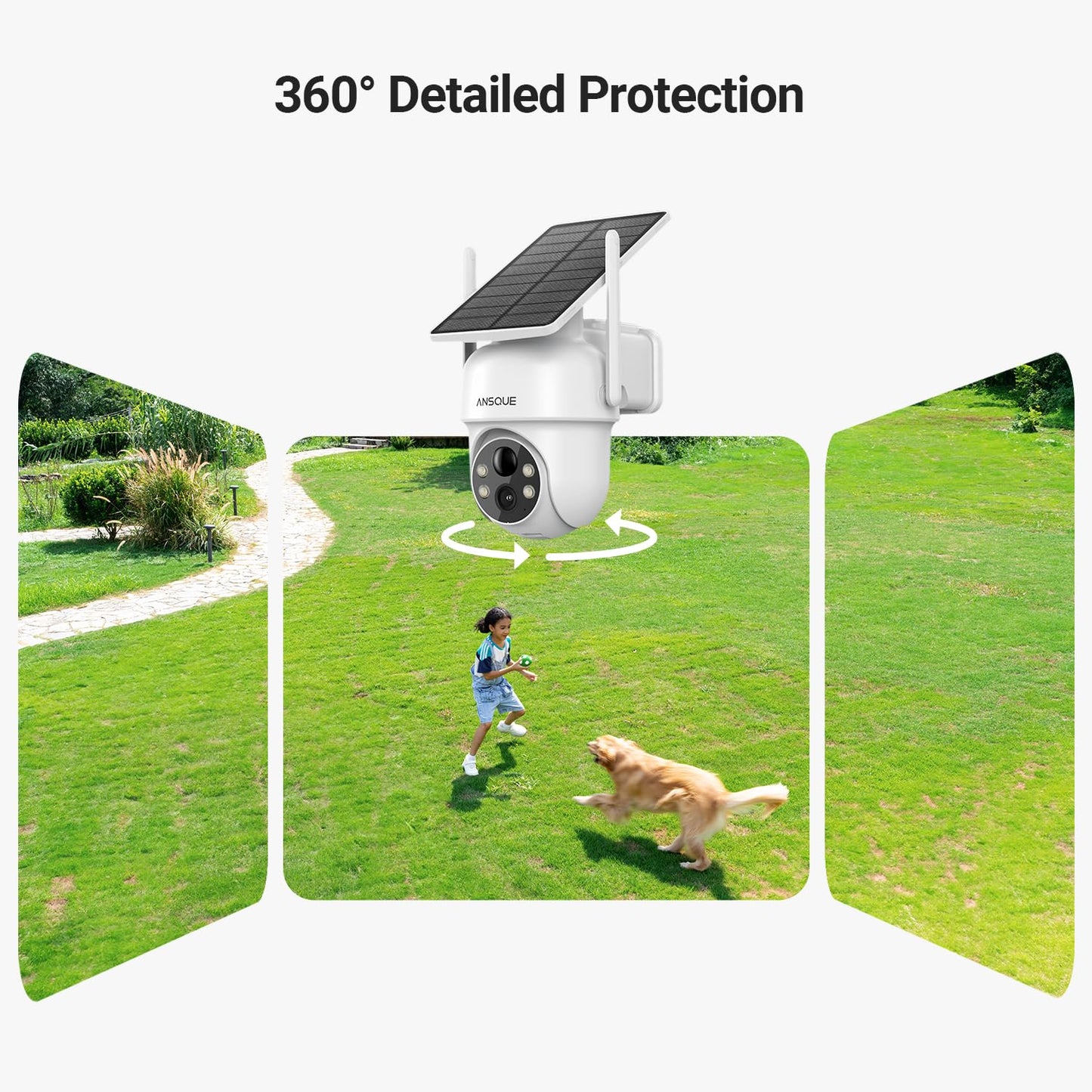 ANSQUE Security Cameras Wireless Outdoor Home System, 2 Camera Kit, No Subscription Fees, Solar Powered, Local Storage, 365-Day Battery Life, 360°PTZ Surveillance, Auto Tracking, 2K Color Night Vision