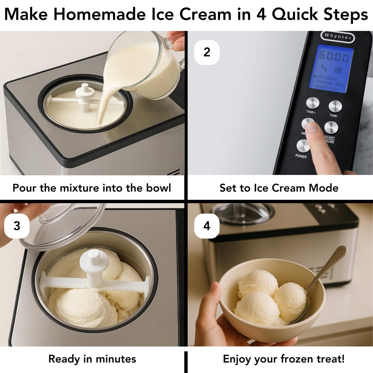 Whynter Ice Cream Maker Machine Automatic 2.1 Qt. with Built-In Compressor, LCD Digital Display & Timer, No Pre-Freezing, ICM-200LS, Stainless Steel