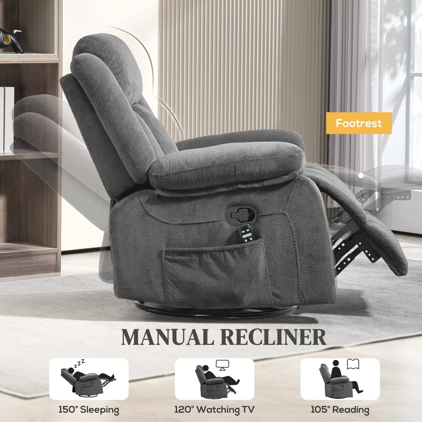 HOMCOM Recliner Chair with Vibration Massage and Heat, Oversized Swivel Rocker Single Sofa with Footrest, Remote and Side Pockets, Velvet Fabric Manual Reclining Chair for Living Room, Gray