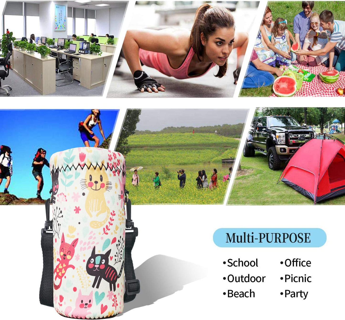 RICHEN Neoprene Water Bottle Carrier Bag with Adjustable Shoulder Strap,Insulated Water Bottle Cover for 500ml/16oz Stainless Steel/Glass/Plastic Bottles (Colorful Kittens,500ML)