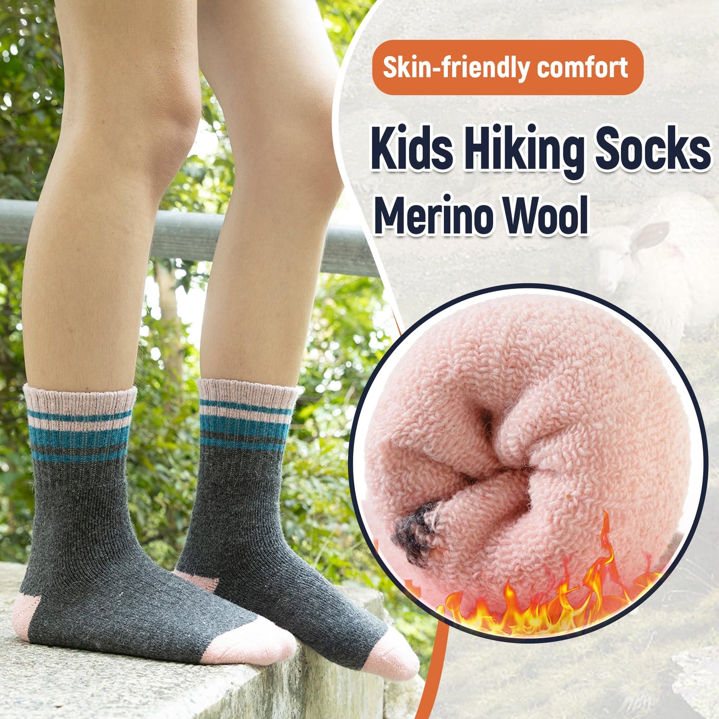 AMENLAN Kids Merino Wool Hiking Socks Boy Girls Winter Thick Boot Cushion Warm Thermal Crew Socks 6 Pairs (Purple Stripes,4-7 Years)