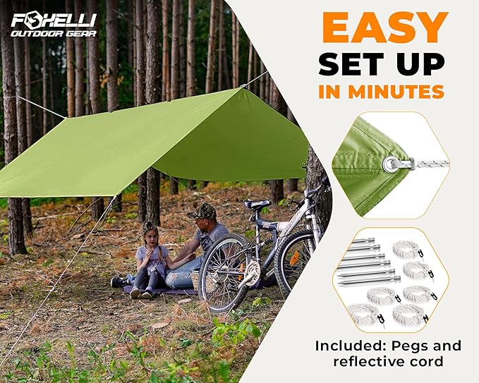 Foxelli Hammock Rain Fly - Waterproof Lightweight Tent & Hammock Rain Tarp for Camping, Backpacking w/Easy Setup Including Extra Long Guy Lines & Stakes