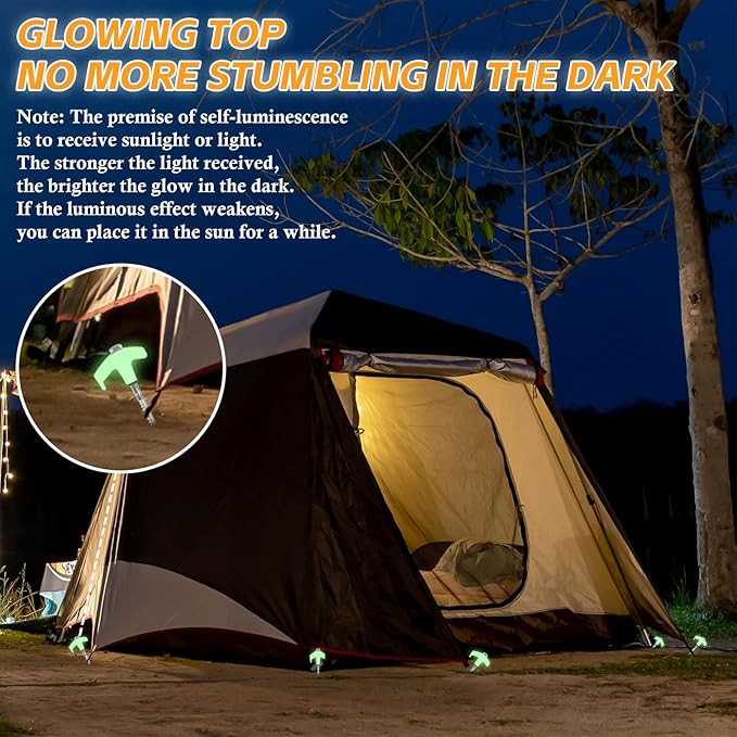 10 Pcs 8" Heavy Duty Screw-in Tent Stakes with Storage Bag, Glow-in-The-Dark Ground Anchor Peg, Metal Threaded Drillable Tent Stake for Camping Swing Canopies, with 1 Hex Nut Driver, Peg Puller