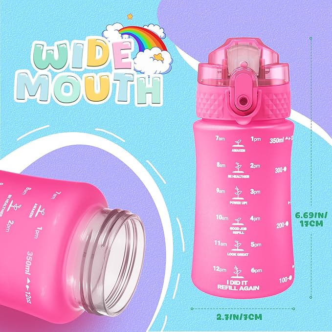 OLDLEY Kids Water Bottle for School, 12 oz (2 lids) BPA-Free Reusable Leak-proof Durable Tritan Plastic Water Bottles with Straw & Chug Lids, Anti-dust Spout Cover (Rose red)