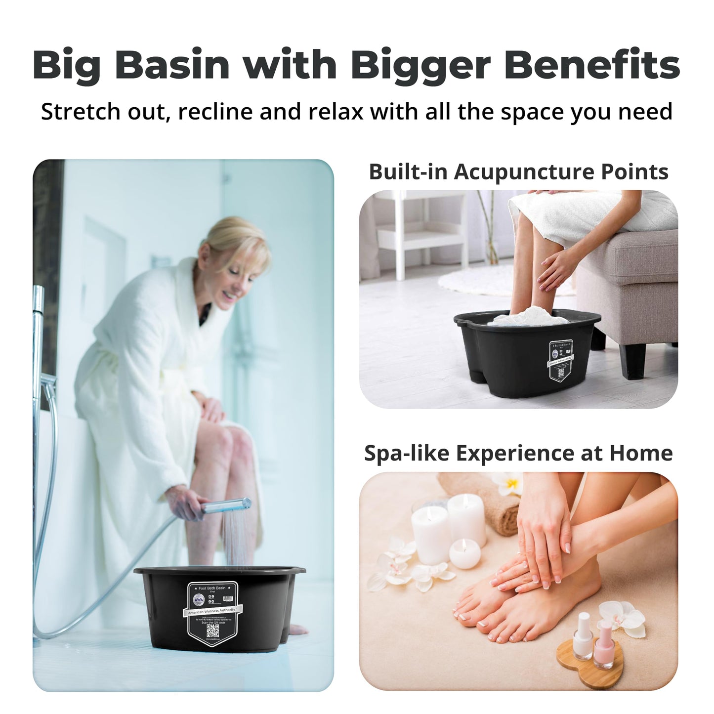 American Wellness Authority AWA Extra Large foot bath basin - Sturdy plastic soak tub For Soaking feet and Pedicure At Home Spa Kit Women Men (Grey Basin), 1.0 Count