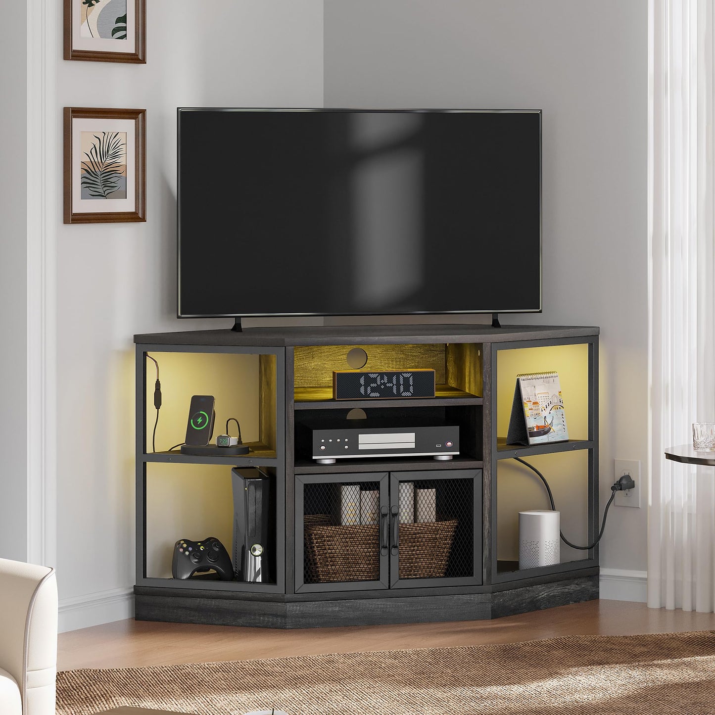 DWVO Corner TV Stands, Corner Entertainment Center, TV Cabinet with Power Outlet, LED Light Strip and Adujustable Shelf, Space Saver Hexagon Small TV Consoles for Living Room, Dark Grey