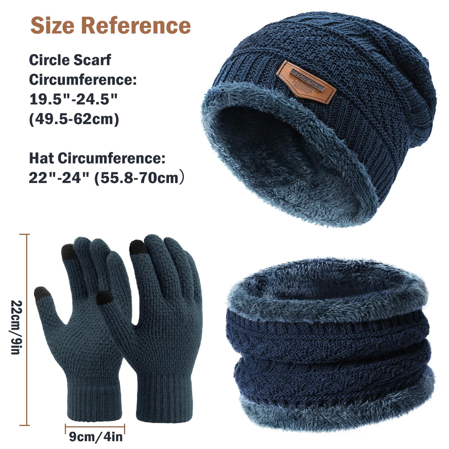 Winter Beanie Hat Circle Scarves Touchscreen Gloves Set, Warm Thick Fleece Lined Skull Cap Gloves Neck Warmer for Women Men, Navy Blue