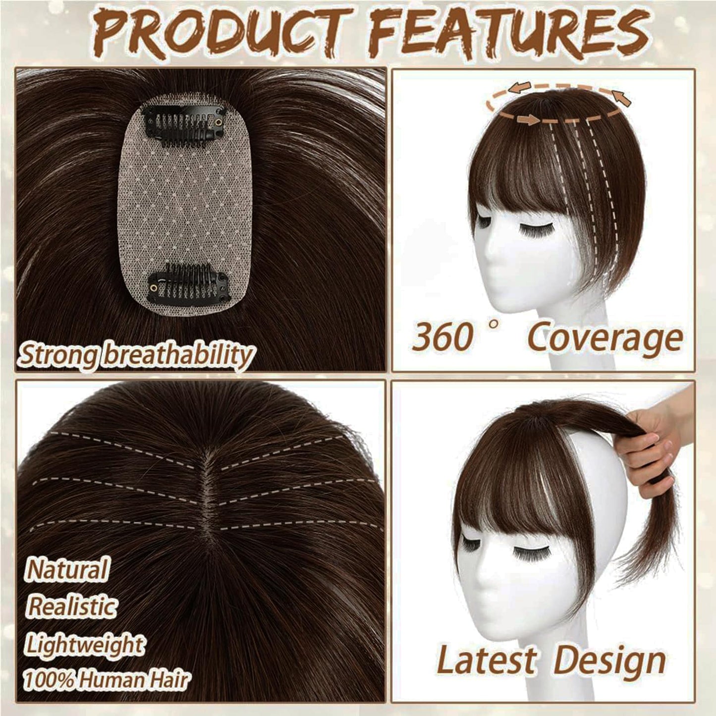 Amchoice Hair Toppers for Women Real Human Hair, Bangs Hair Clip 360° 3D Cover Human Hair Topper with Bangs, Human Hair Toppers for Women Daily (Medium Brown, 3D Wispy Bangs (5 * 9))