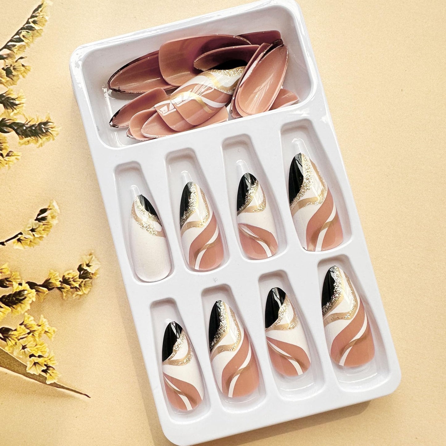Almond Press on Nails Short Fake Nails White False Nails Press ons with Designs Gold Glitter Black Glue on Nails Glossy Full Cover Acrylic Nails Artificial Stick on Nails for Women Decorations 24Pcs