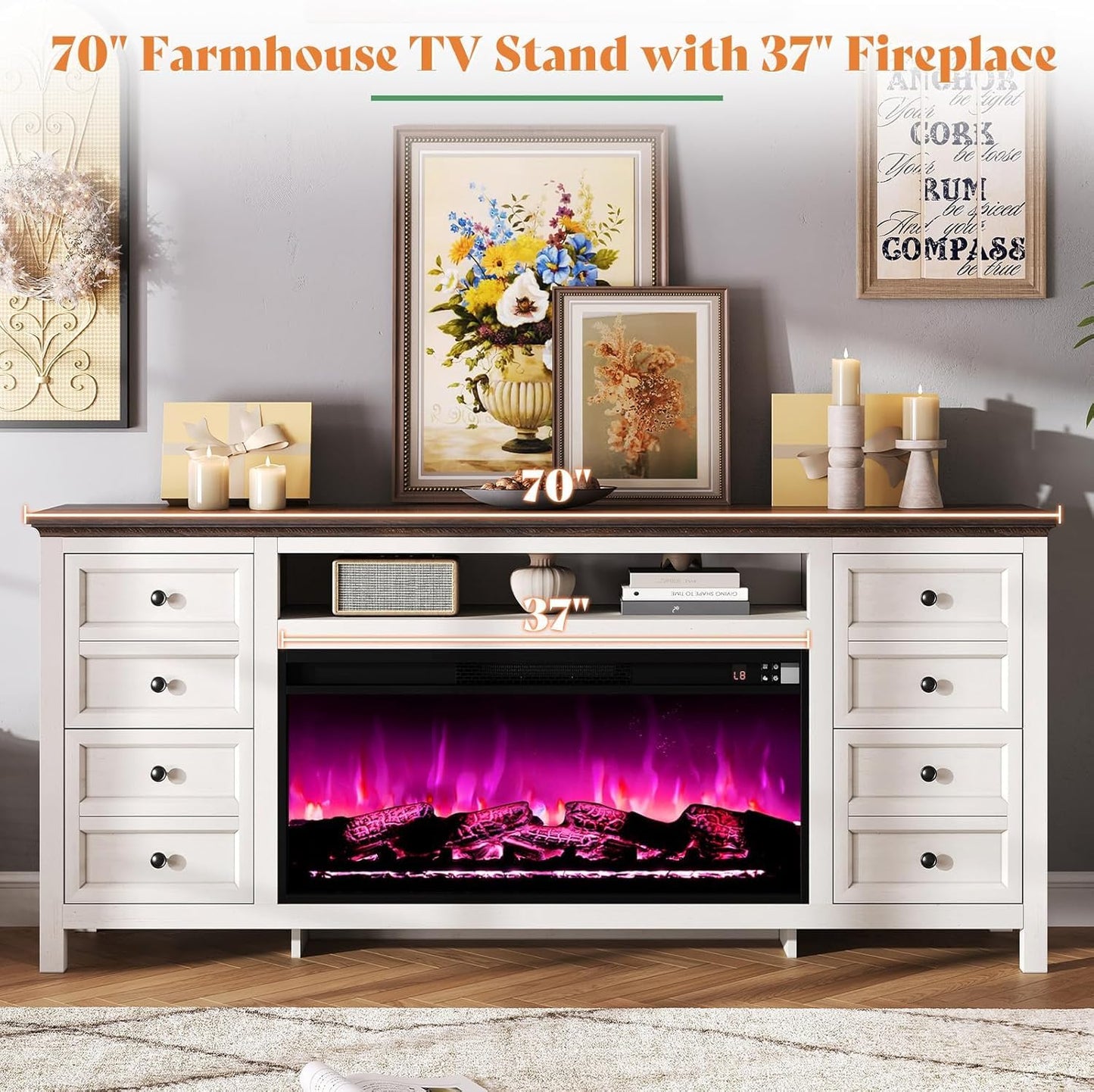 AMERLIFE 70" Farmhouse TV Stand with 37" Fireplace for 80" TVs - Dresser TV Stand w/Heater, 4 Storage Drawers, Rustic Media Entertainment Center for Living Room, Bedroom, White