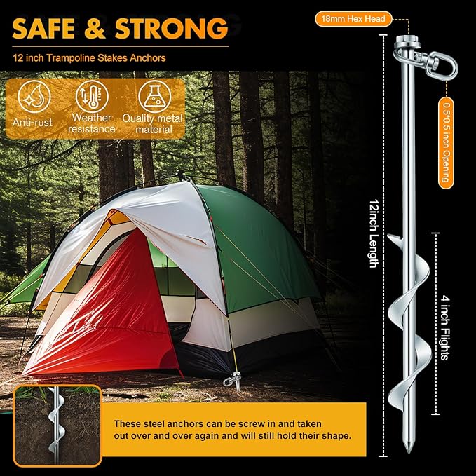 Hiboom Ground Anchor Screw Heavy Duty Earth Anchors Tent Stakes for High Wind with T Handle Hex Wrench Trampoline Hook Ground Stakes for Camping Canopies Car Ports Sheds (10 Pcs,Silver,12 Inch)