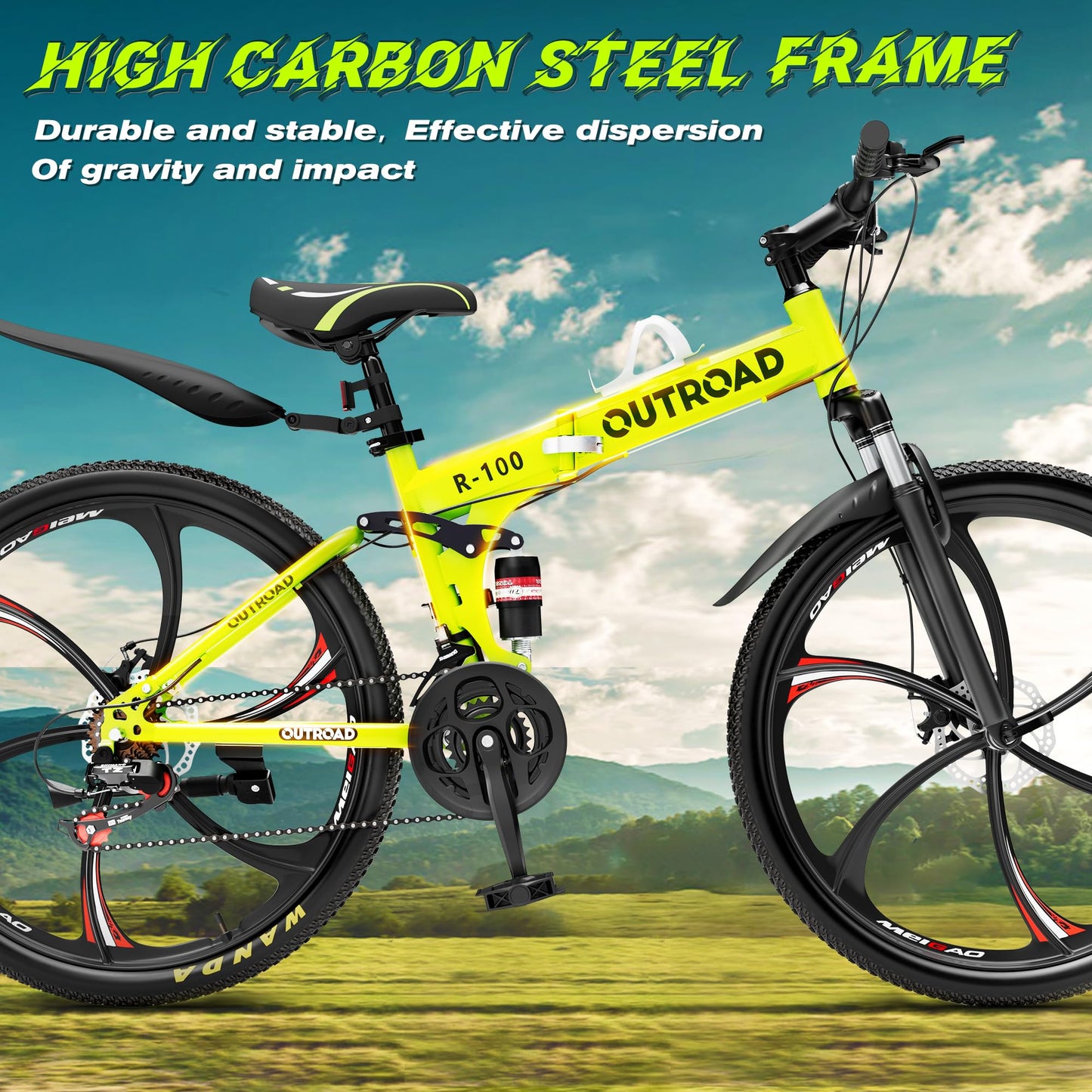 Betterland 26 Inch Folding Mountain Bike, 21 Speeds Full Suspension Foldable Bikes, Dual Disc Brake, High Carbon Steel Frame and Non-Slip Quick Release tire Bicycle for Adult