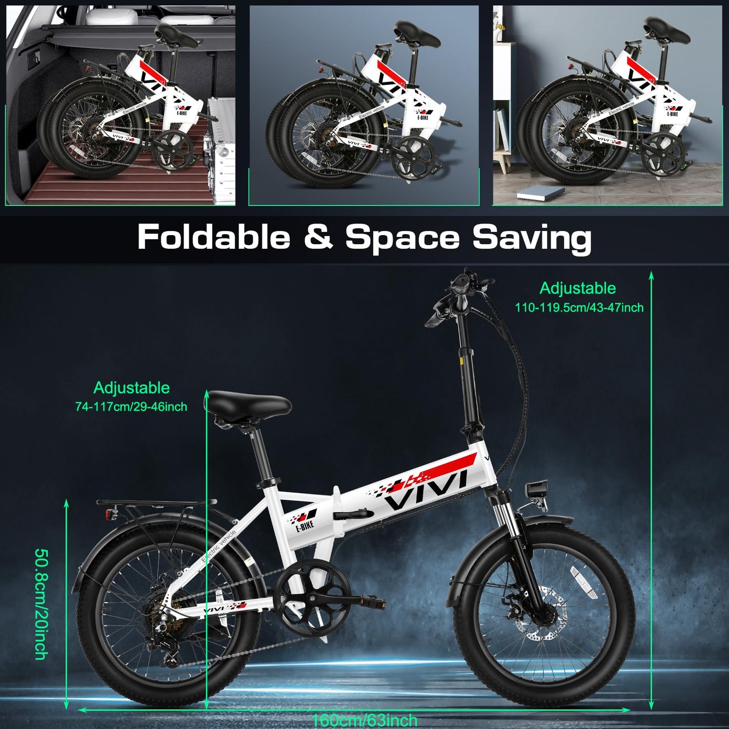 Vivi Electric Bike, 20" Folding Electric Bike 500W Ebikes for Adults, Adult Electric Bicycles with 48V Removable Battery, Professional 7 Speed Foldable Electric Commuter Bike