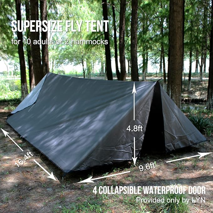 Gigantic Shelter:LYN Supersize 4 Doors Ultralight Rain Fly Tent Tarp/Housefly-16.4'9.6', Packable Ripstop Waterproof Heat Preserved, for Backup Packing, Camping Tarp, Hammock Cover, Survival Shelter