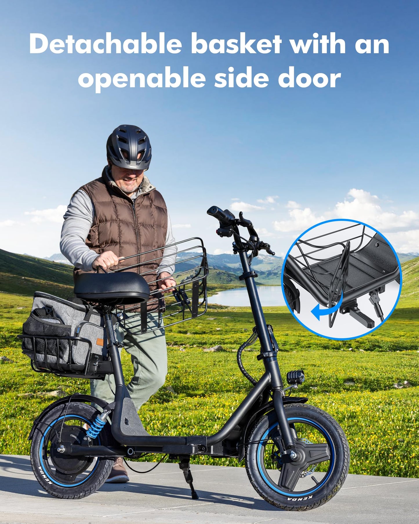 Gyroor C1 Plus Electric Scooter for Adults with Seat & Pet Basket - 30 Miles Range 650W Motor 48V 13.5Ah Battery 18.6MPH 14" Pneumatic Tires Foldable Design Shock Absorbers 300lbs Pet Bike, L73