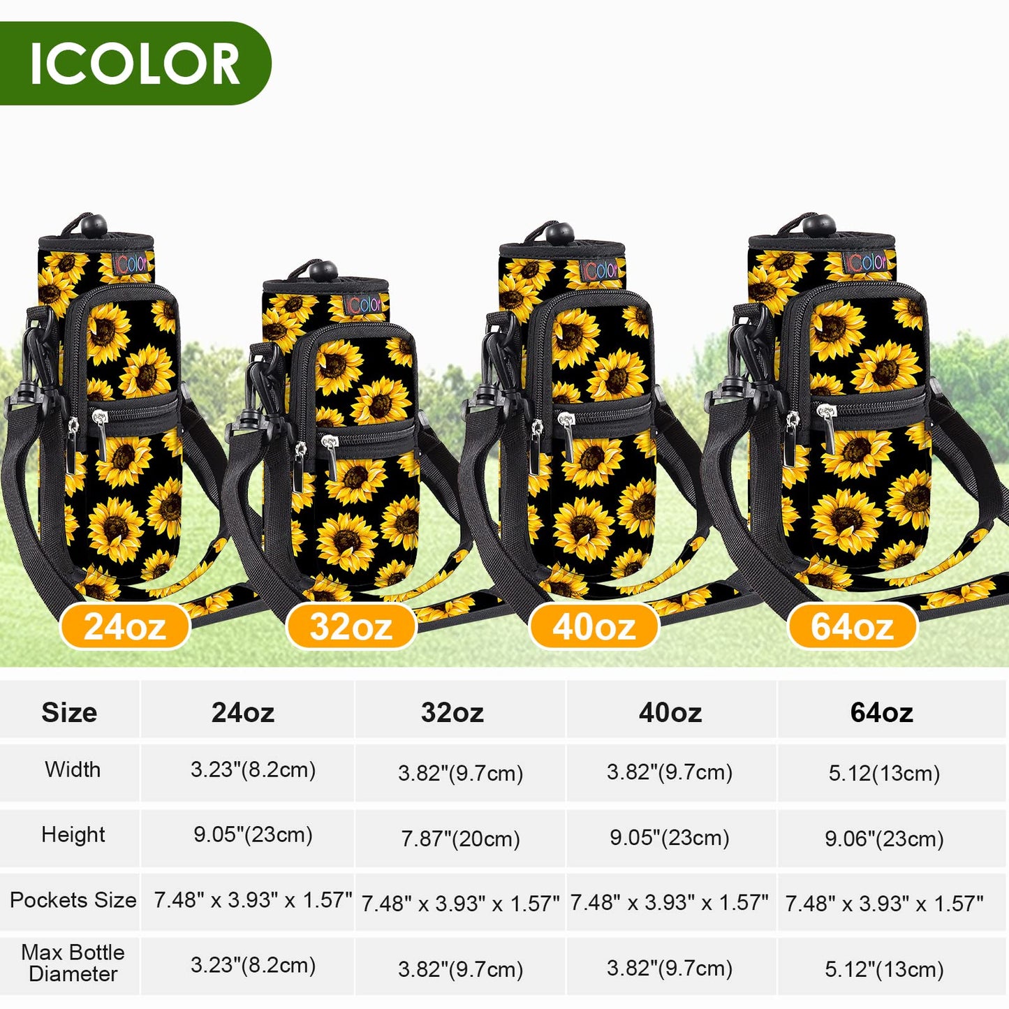 icolor Water Bottle Carrier Bag Holder 25/32/40/64oz,Adjustable Padded Shoulder & Handle Strap Sports Sling Hiking Pack,Insulated Neoprene Wide Mouth Bottle Sleeve