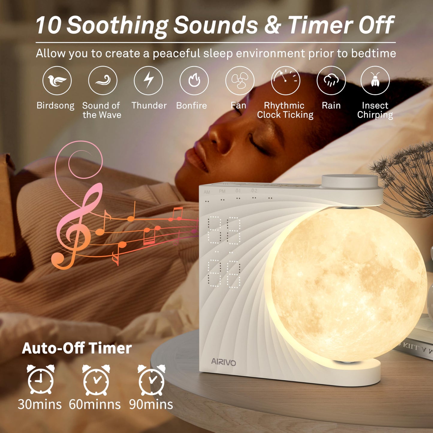 AIRIVO Sunrise Alarm Clock for Bedrooms, Moon Night Light Clock Wake Up Light for Kids Teens,White Noise Sound Machine,15 Sounds Dual Alarms for Heavy Sleepers, Cute Alarm Clock for Preppy Room Decor