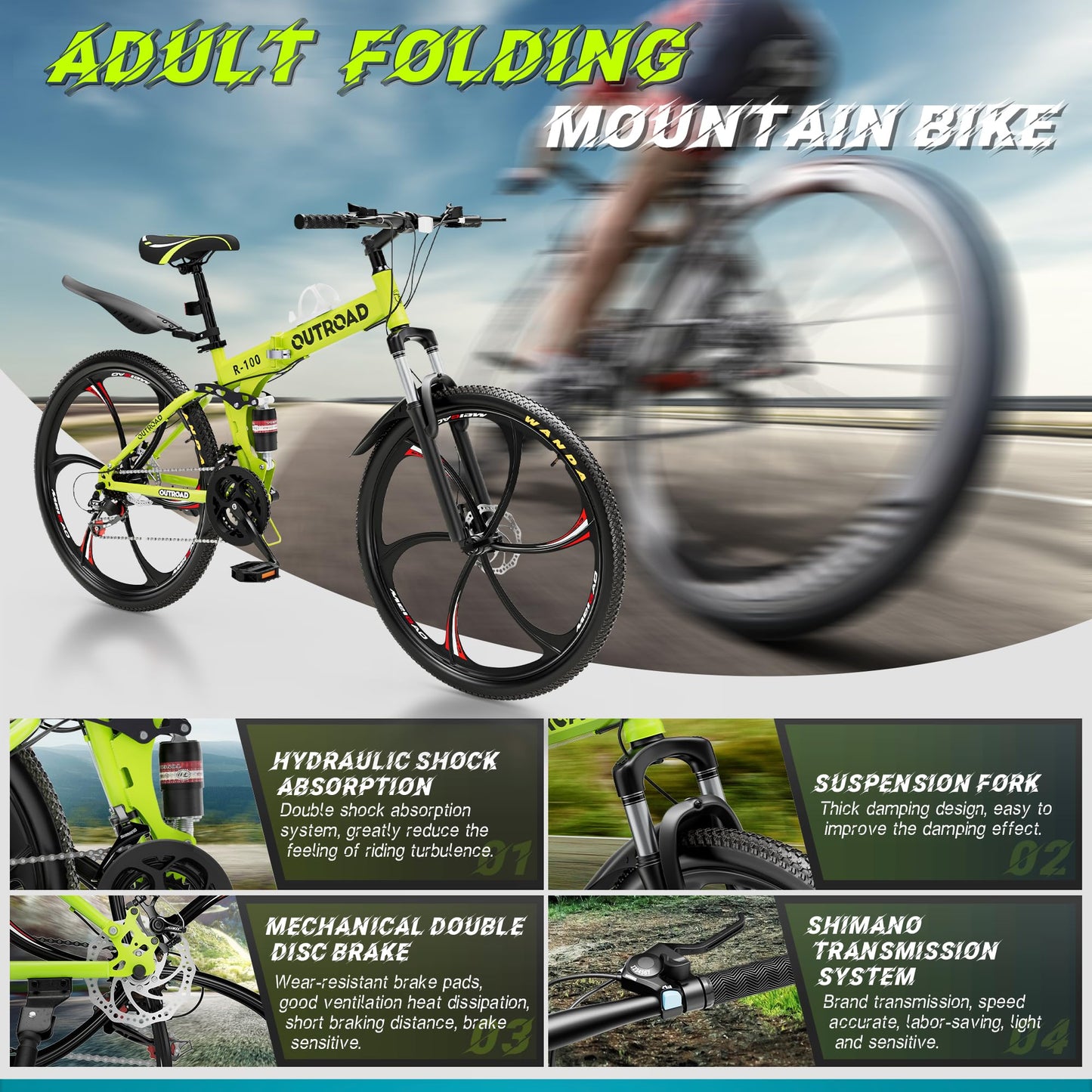 Betterland 26 Inch Folding Mountain Bike, 21 Speeds Full Suspension Foldable Bikes, Dual Disc Brake, High Carbon Steel Frame and Non-Slip Quick Release tire Bicycle for Adult