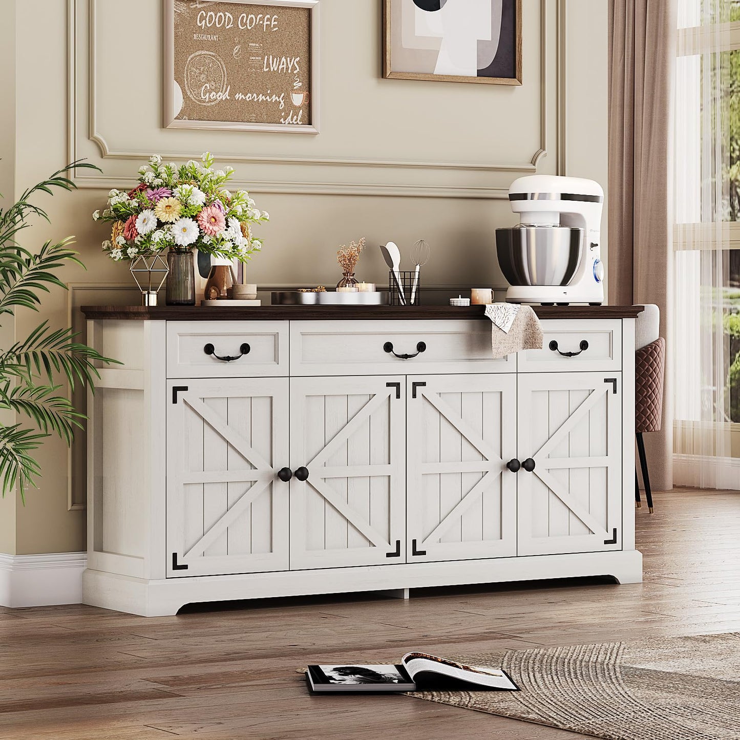 Vipbear 65" Large Sideboard Buffet Cabinet, Farmhouse Kitchen Sideboard Cabinet Buffet with Storage 3 Drawers, Coffee Wine Bar Cabinet with Storage for Living Room, Kitchen, White
