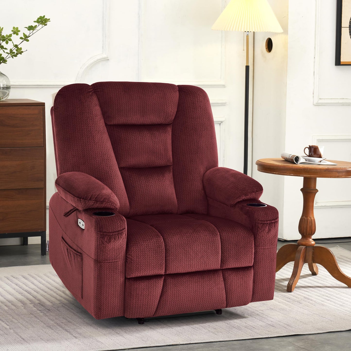 MCombo Oversized Power Lift Recliner Chair Sofa with Massage and Heat for Elderly People Petite, USB Ports, Side Pockets, Fabric R7561 (Burgundy, Small-Oversize)