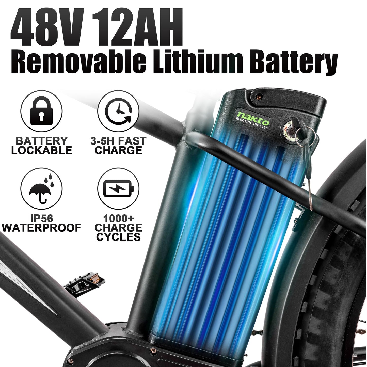 NAKTO Electric Bike, 1000W Electric Bike for Adults,48V 12Ah Removable Battery, 26×4.0" Fat Tire E-Bike, 28MPH Electric Mountain Commuting Cruise Electric Bicycle.