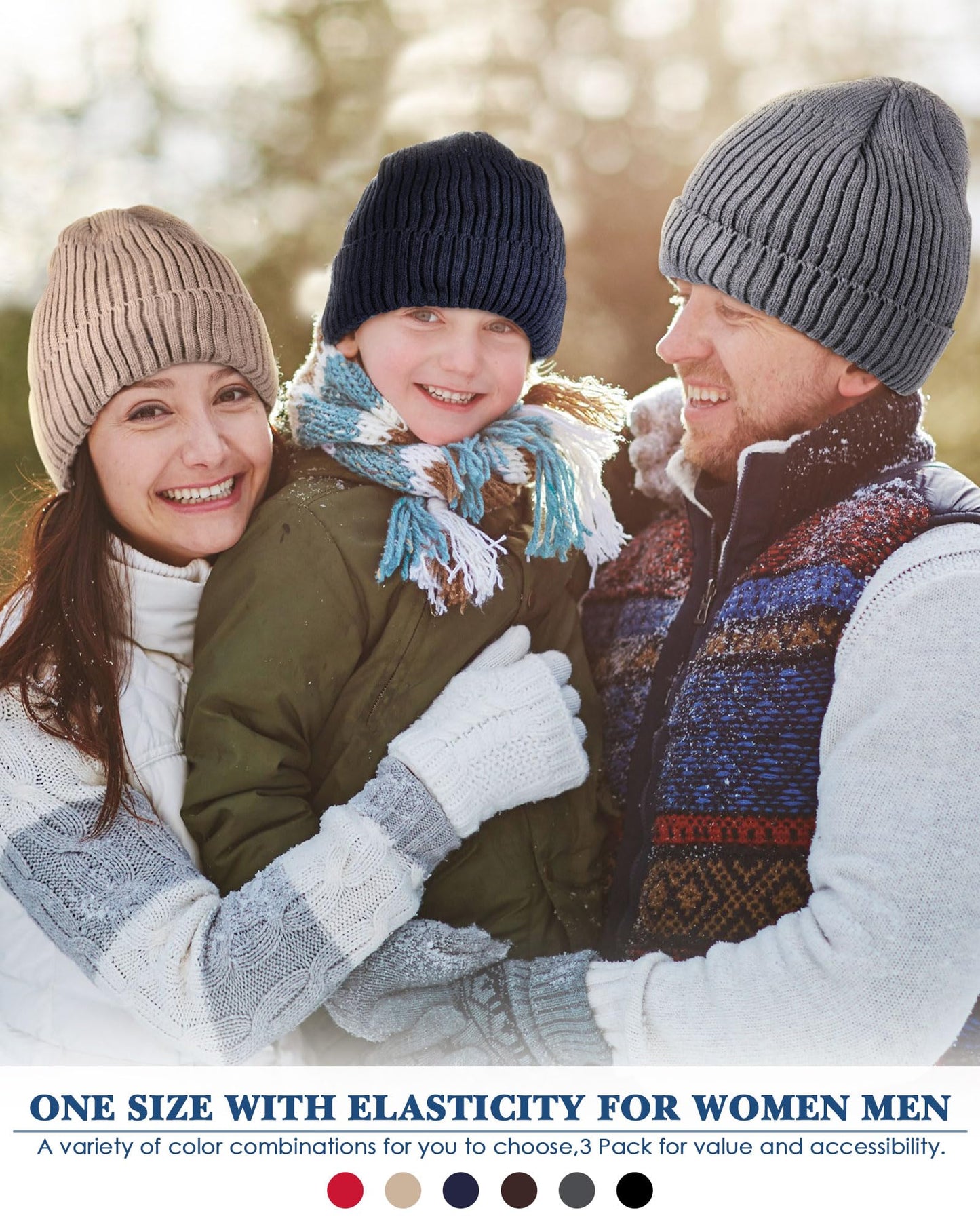 Suhine 6 Pcs Winter Fleece Beanies Hats Bulk Soft Warm Knitted Cuffed Beanie Lined Knit Hat for Cold Weather Women Men(Dark Color)