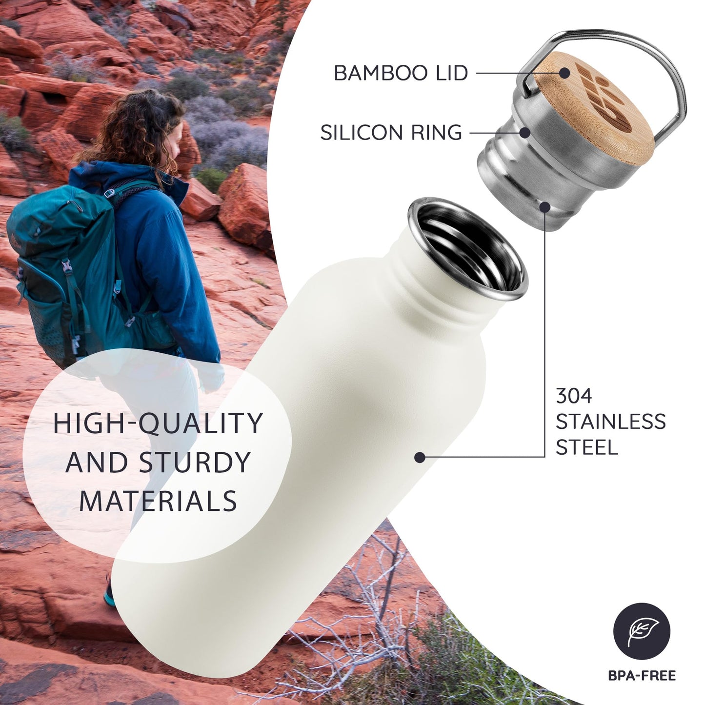 Bambaw Water Bottle 16 oz Stainless Steel, White Water Bottle for School, Non Insulated Water Bottle, Stainless Steel Water Bottle Dishwasher Safe, Metal Water Bottle Small Size – Polar White