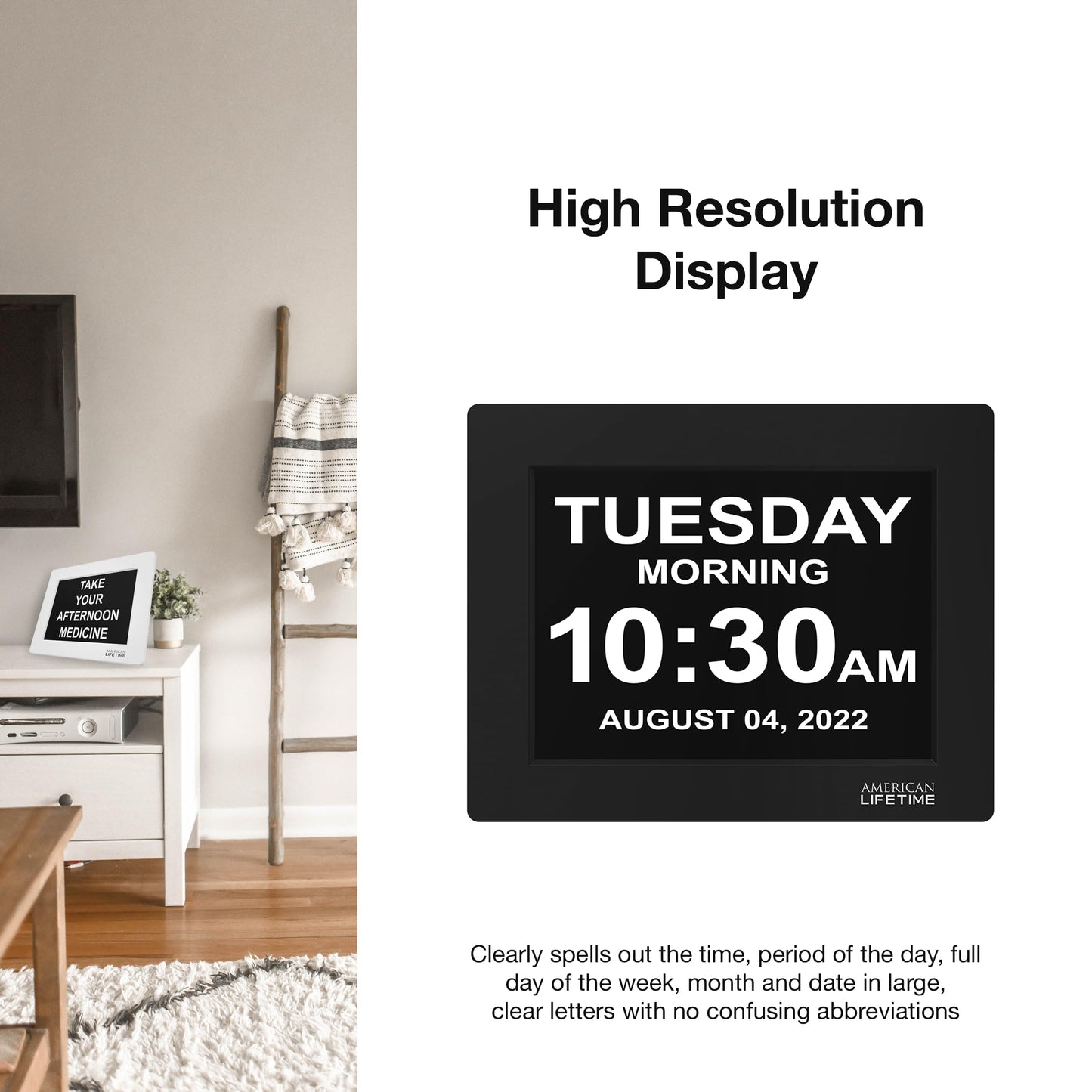 American Lifetime【New 2025】 Dementia Clock Large Digital Clock for Seniors, Alzeimer Clock Large Display with Custom Alarms, Clock with Day & Date for Elderly, Number Digital Calendar Black