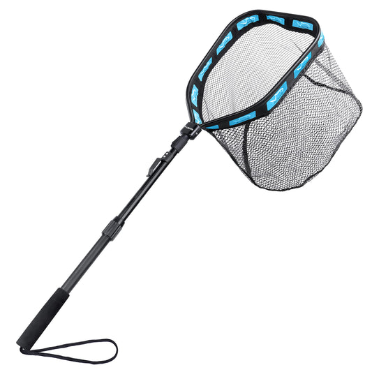 PLUSINNO Floating Fishing Net for Steelhead, Salmon, Fly, Kayak, Catfish, Bass, Trout Fishing, Rubber Coated Landing Net for Easy (19.7"/50cm Hoop Size Length 1.35M Blue (Telescopic Pole))