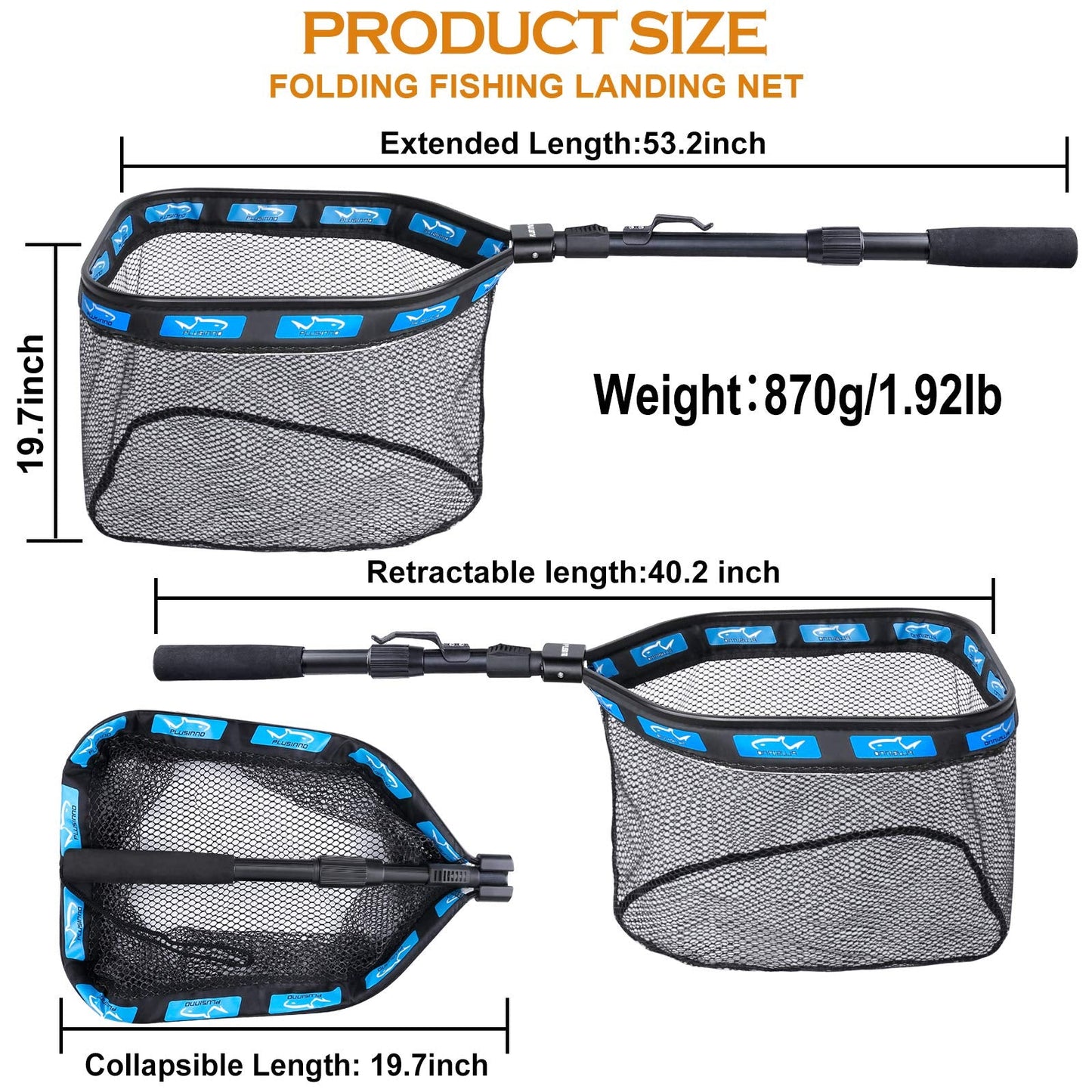 PLUSINNO Floating Fishing Net for Steelhead, Salmon, Fly, Kayak, Catfish, Bass, Trout Fishing, Rubber Coated Landing Net for Easy (19.7"/50cm Hoop Size Length 1.35M Blue (Telescopic Pole))