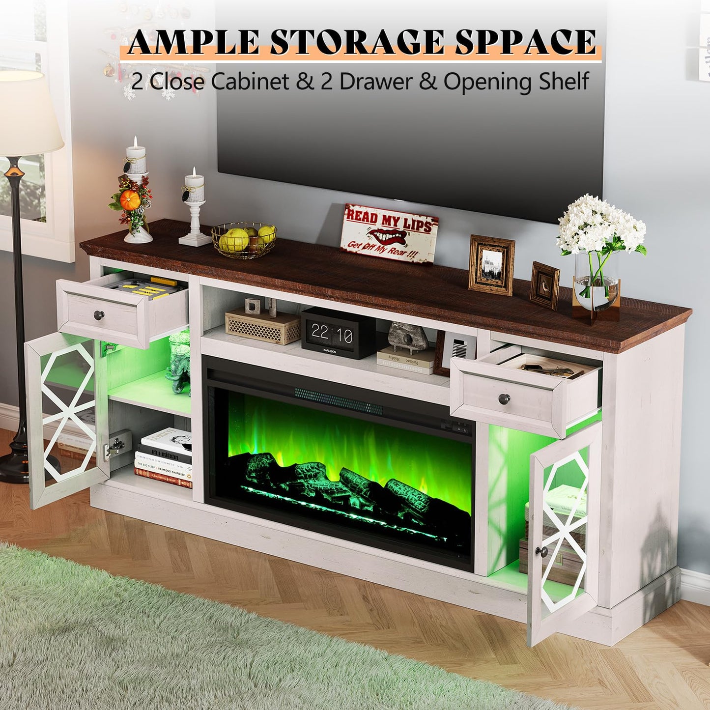 AMERLIFE Farmhouse Fireplace TV Stand with 37" Electric Fireplace for 80 Inch TVs, Large LED Media Entertainment Center with Drawers, 31" Tall Highboy TV Console Cabinet with Door, Living Room, White