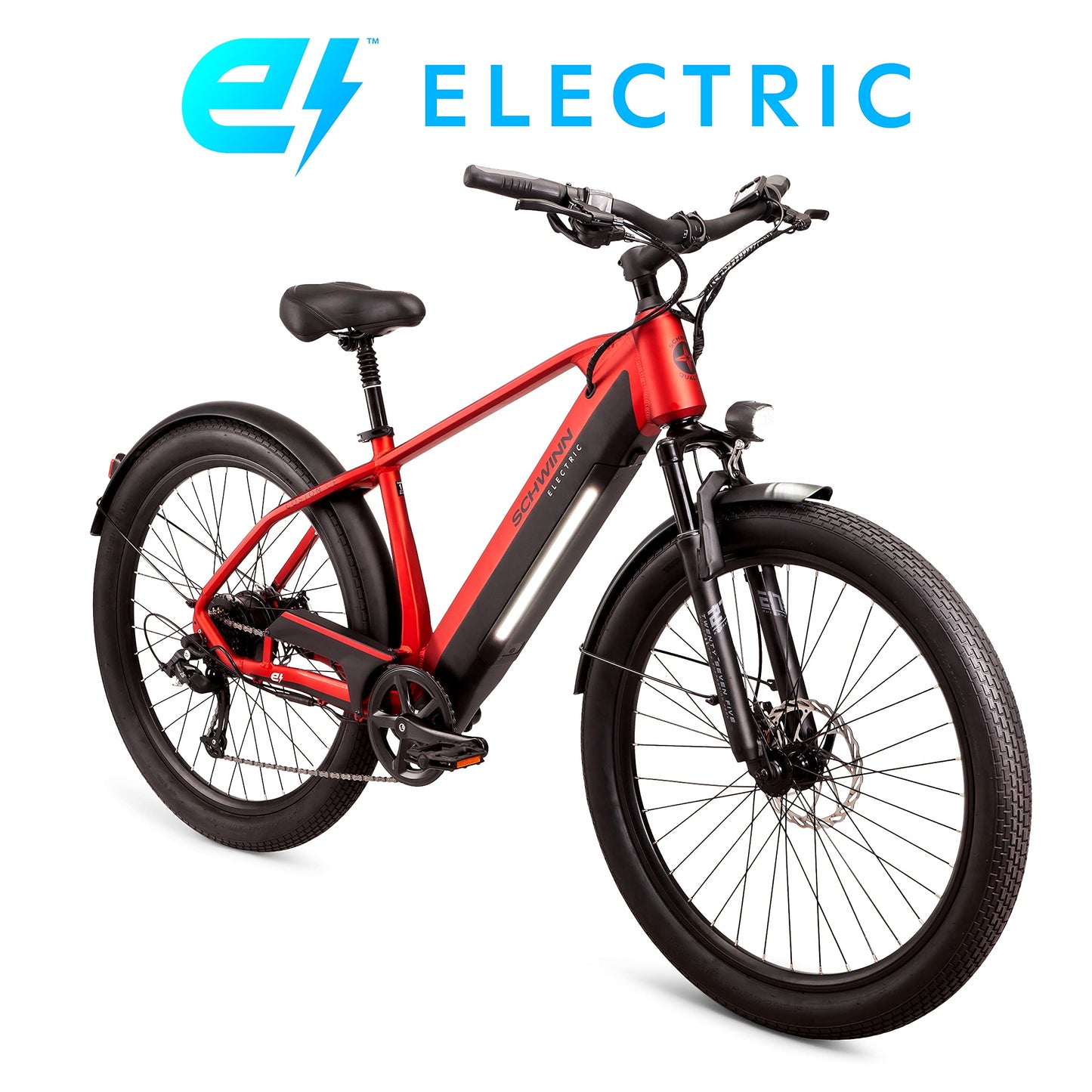 Schwinn Coston CE Hybrid Electric Bike for Adults, 20MPH eBike, Up to 35 miles on a Single Charge, 27.5-Inch Wheels, 7-Speed, Small/Medium Step-Over Frame, Matte Red