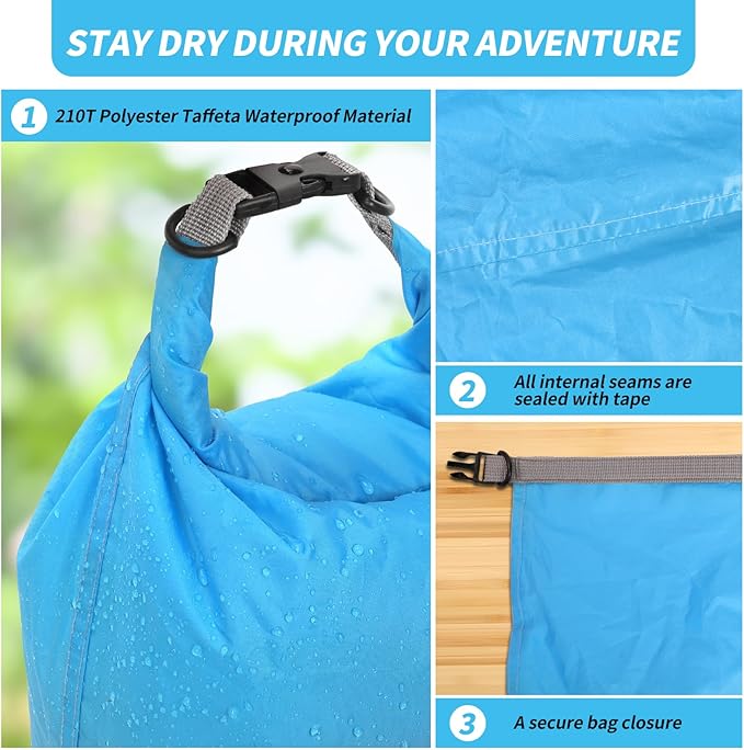 Dry Bag Set, Waterproof Small Lightweight Dry Bags for Paddle Board Kayaking, Fishing, Camping (Blue, 2L+5L+10L)