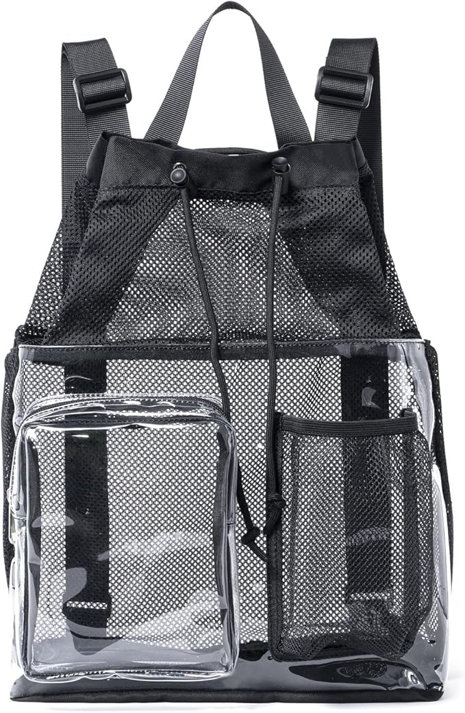 Mildbeer Clear Mesh Backpack for Beach Swimming Gym Travel, Drawstring Mesh Bag for Sports, Camping, Transparent Backpack with Wet and Dry Separation