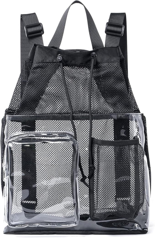 Mildbeer Clear Mesh Backpack for Beach Swimming Gym Travel, Drawstring Mesh Bag for Sports, Camping, Transparent Backpack with Wet and Dry Separation