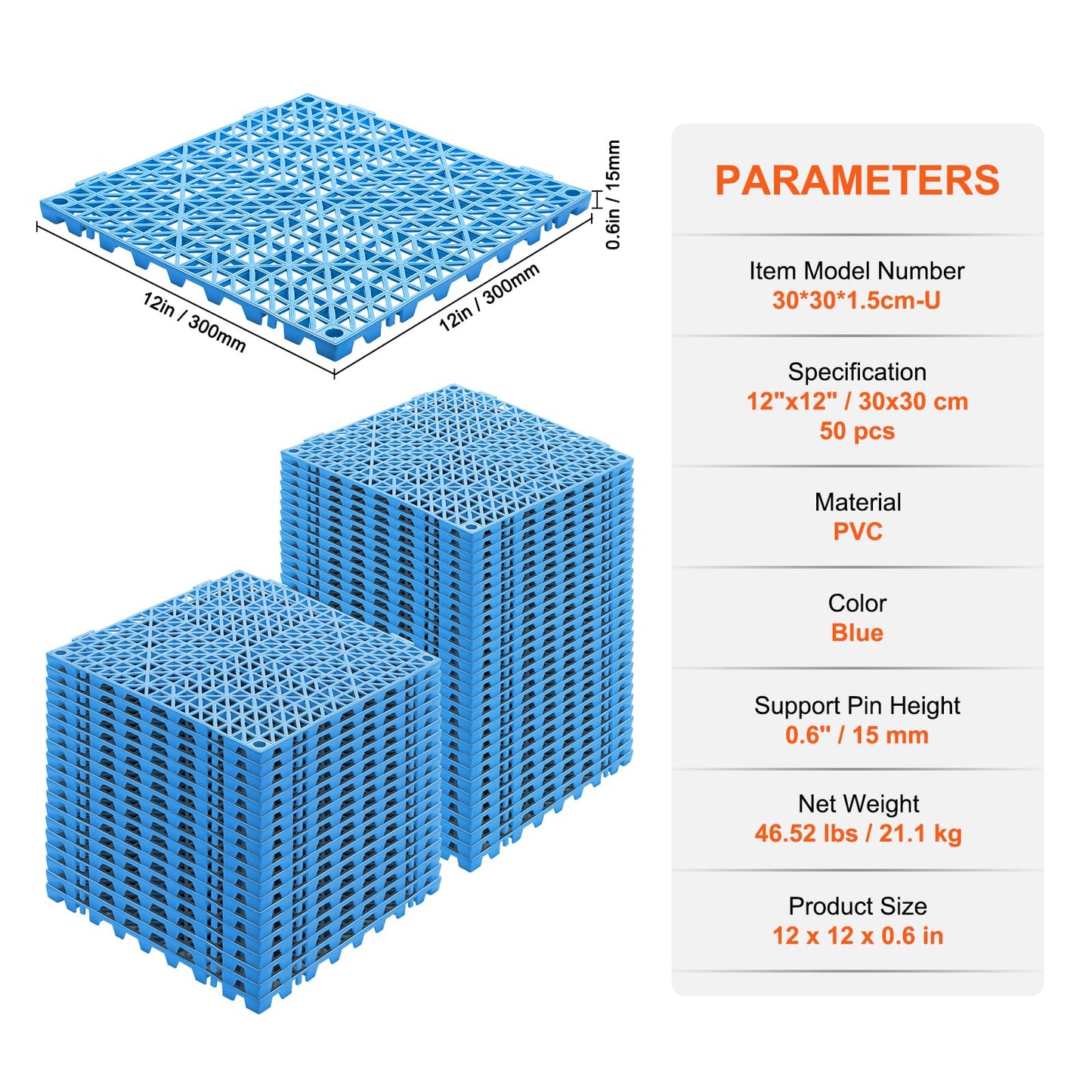 VEVOR Interlocking Tile 50PCS Blue, Drainage Tiles 12" x 12" Splicing, Soft PVC Interlocking Drainage Floor Tiles, Non-Slip Drainage Holes for Restroom, Bathroom, Kitchen, Pool, Wet Areas