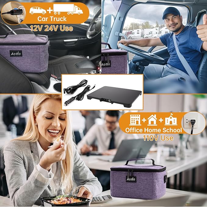 Aotto Portable Electric Lunch Box Food Heater, 12V/24V/110V 3-in-1 Car Food Warmer Heated Lunch Box for Adults, Cook, Reheat & Keep Meals Warm for Car, Truck, Travel, Work, Home - Purple