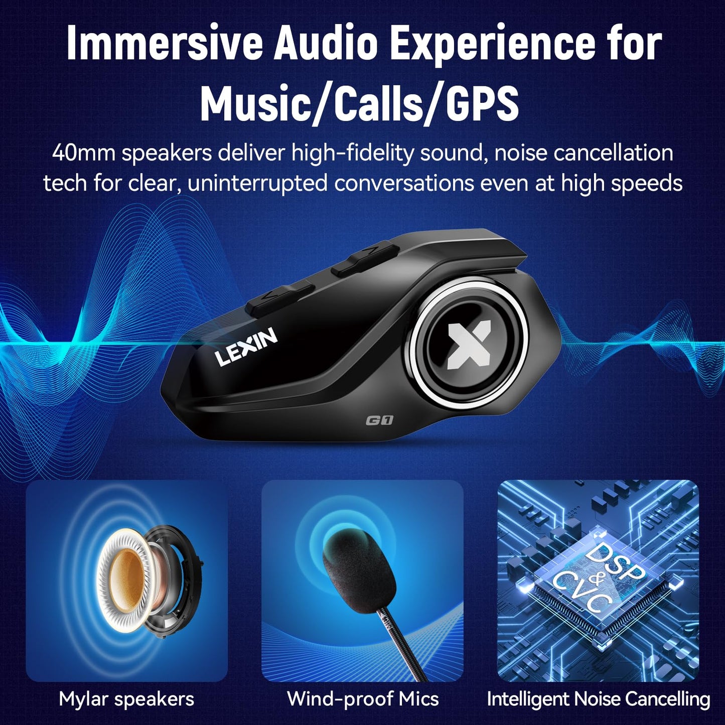LEXIN G1 Motorcycle Bluetooth Headset, Helmet Speakers with 2 Type Mics, Hands-Free Call/Music/GPS, IP67 Waterproof Motorcycle Headphones with HD Stereo Loud Sound, 4 Color Faceplates, Singe Use