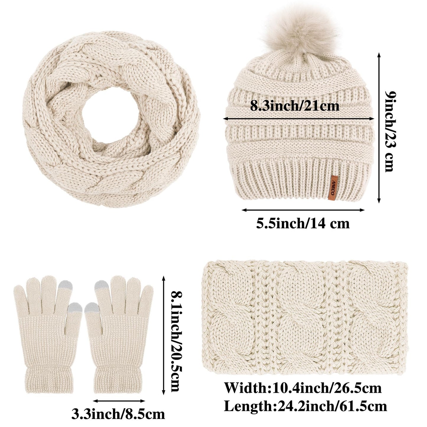 Aneco Womens Winter Warm Sets Knitted Fur Pompoms Beanie Hat Circle Loop Scarf Touch Screen Gloves Winter Favor Accessories