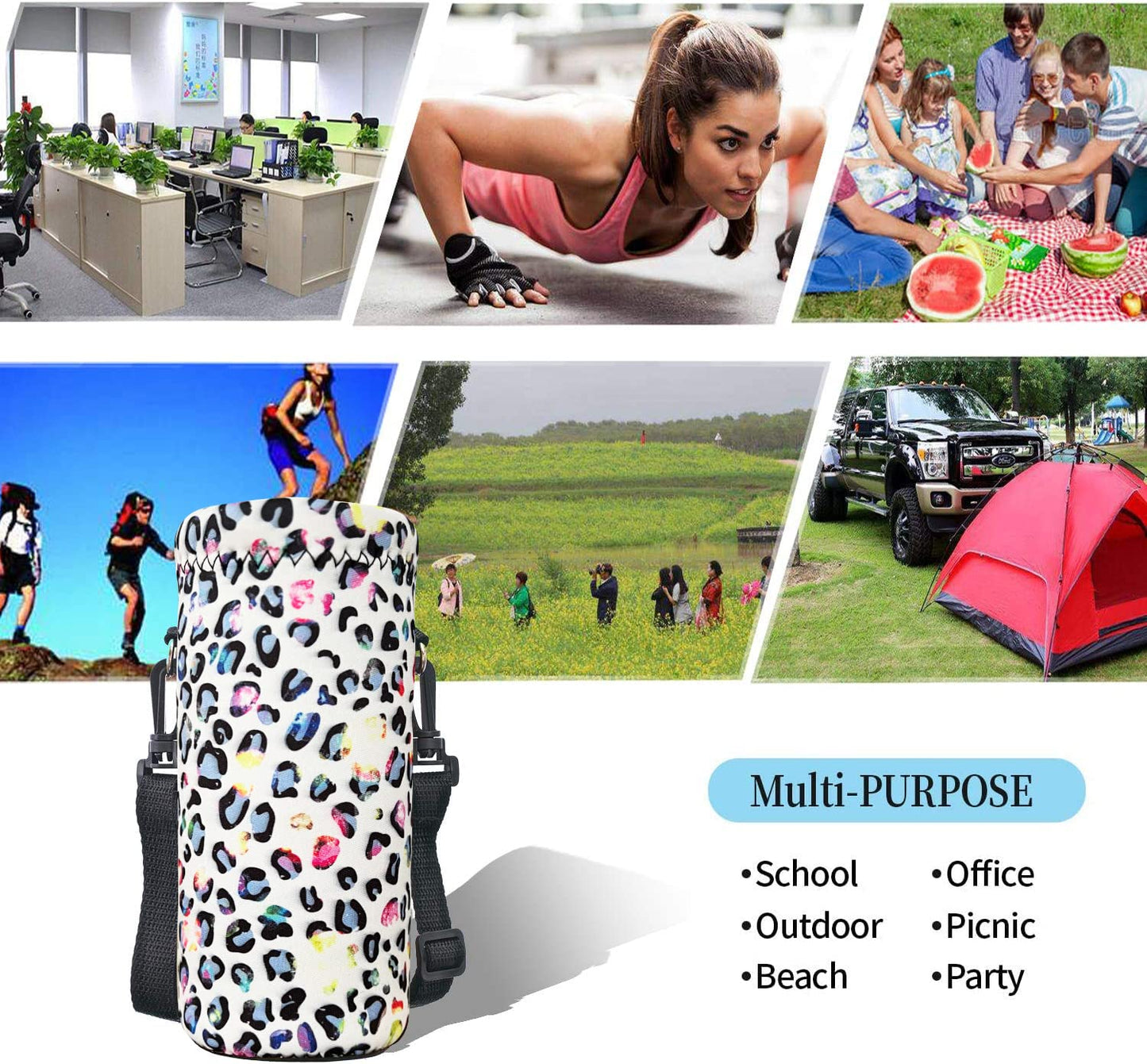 RICHEN Neoprene Water Bottle Carrier Bag with Adjustable Shoulder Strap,Insulated Water Bottle Cover for 500ml/16oz Stainless Steel/Glass/Plastic Bottles (Spots,500ML)