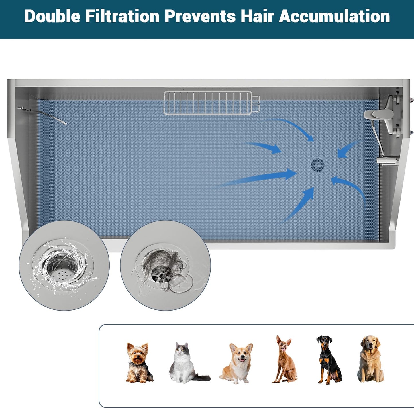 COOLYI 62'' Stainless Steel Dog Washing Station for Large Dogs, Heavy Duty Dog Grooming Bathtub with Bath Brush & Washing Gloves, Pet Bathtub for Dogs with Retractable Ramp
