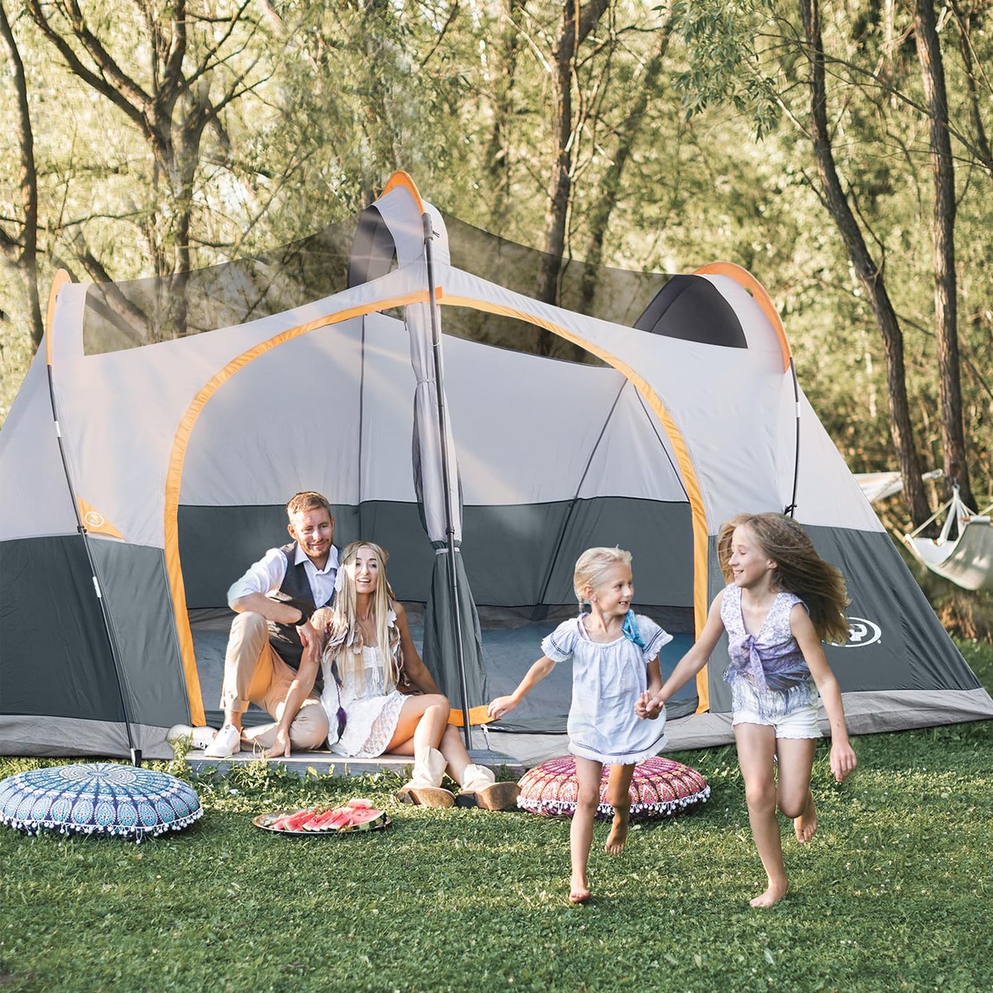 UNP Camping Tent 8/9 Person, Family Camping Tent, 5 Large Ventilation Mesh Windows, 14'x14'x78 inches Tall with Dividers Curtain for 2 Room