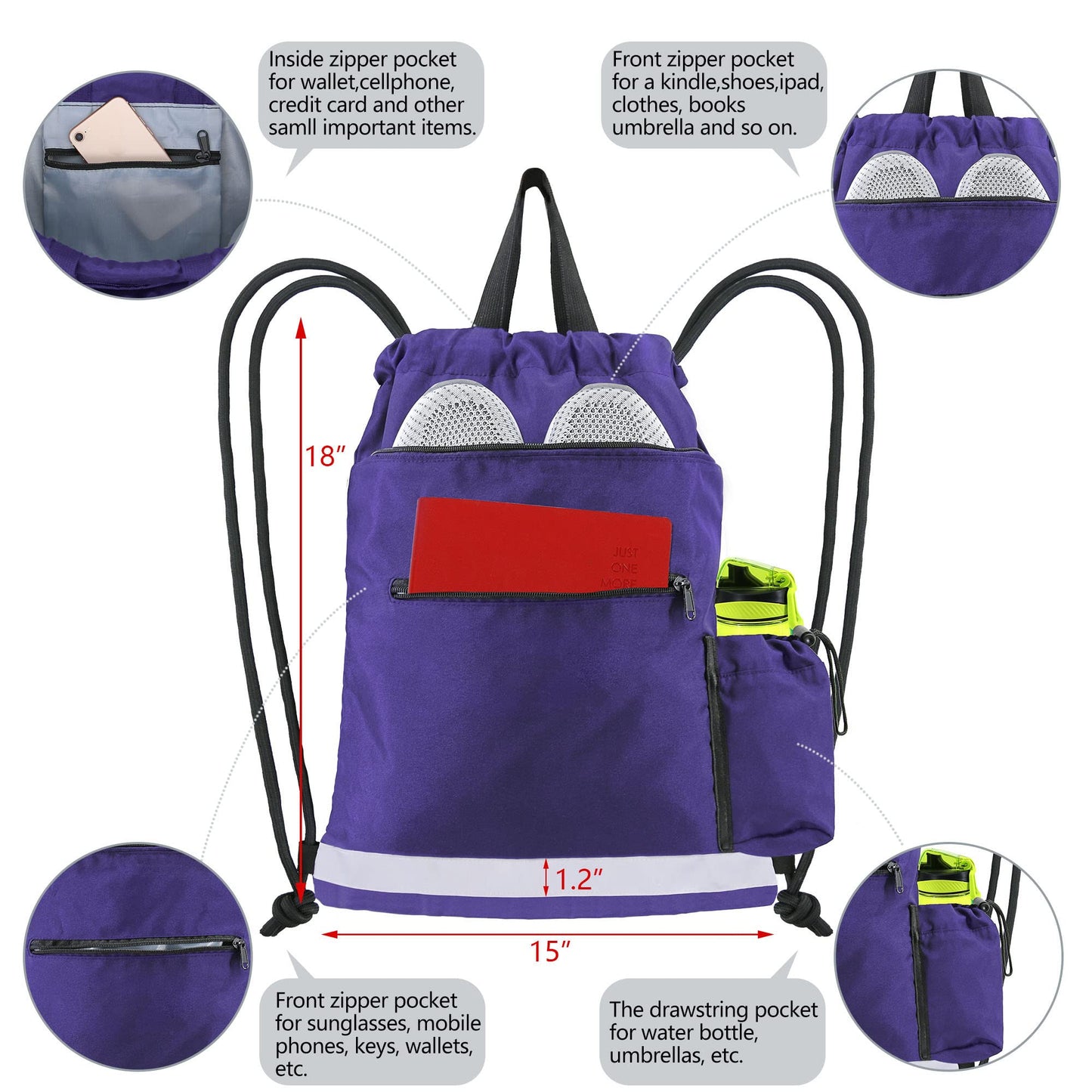 BeeGreen Purple String Backpack Bag for Sports 1 Pieces Cinch Sack w Zipper Front Pocket Portable Sinch Sackpack Large Durable Gymsack w Water Bottle Pouch …