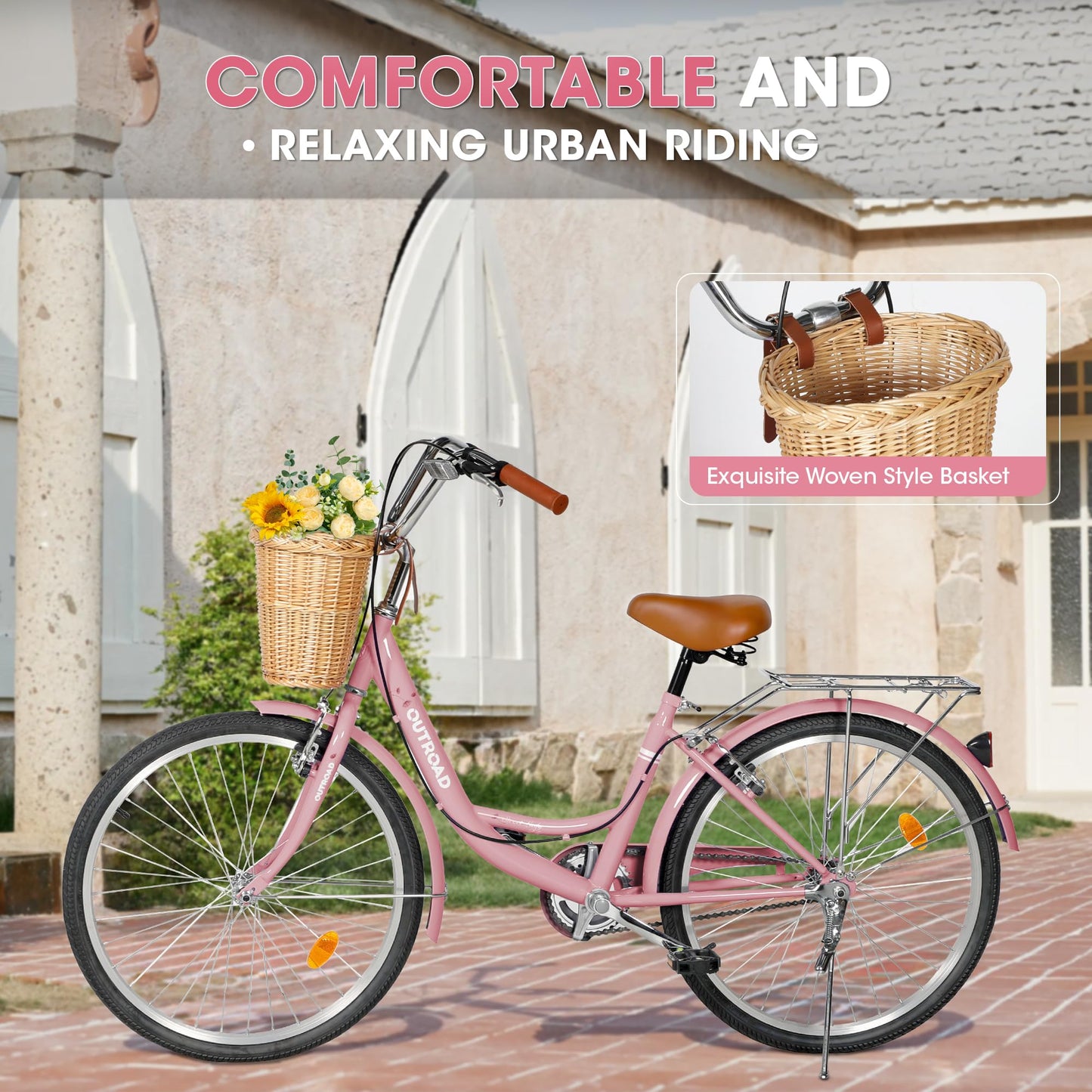 Outroad Beach Cruiser Bike, 24 inch Commuter Bicycle for Adult Men and Women,High-Carbon Steel Comfortable City Bikes with Rear Rack or Basket,Pink
