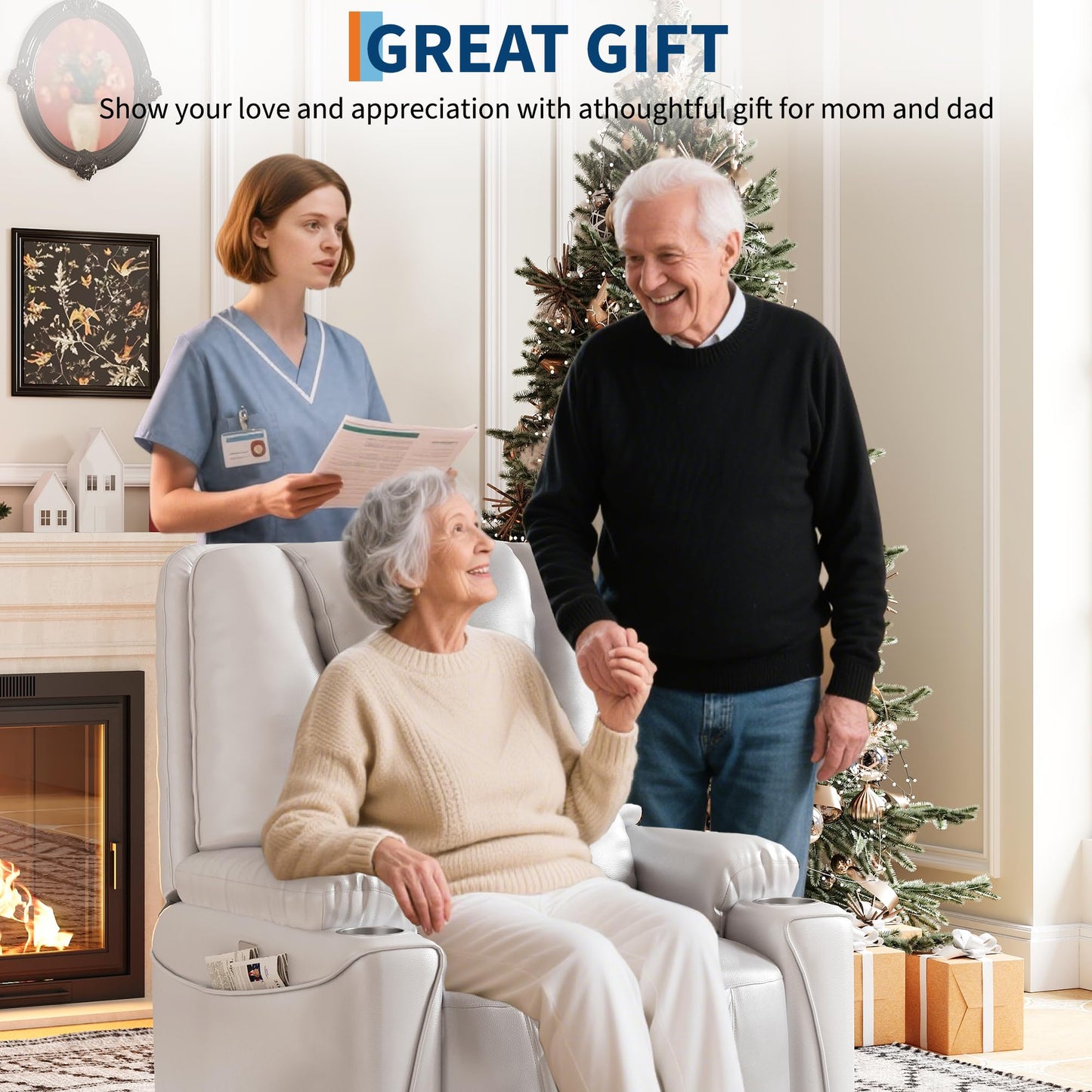 IDEALHOUSE Electric Power Lift Recliner Chair Sofa, Power Lift Chair for Elderly, 3 Positions, Side Pockets, and Cup Holders, USB Ports, Recliner Chair with Remote for Living Room, White