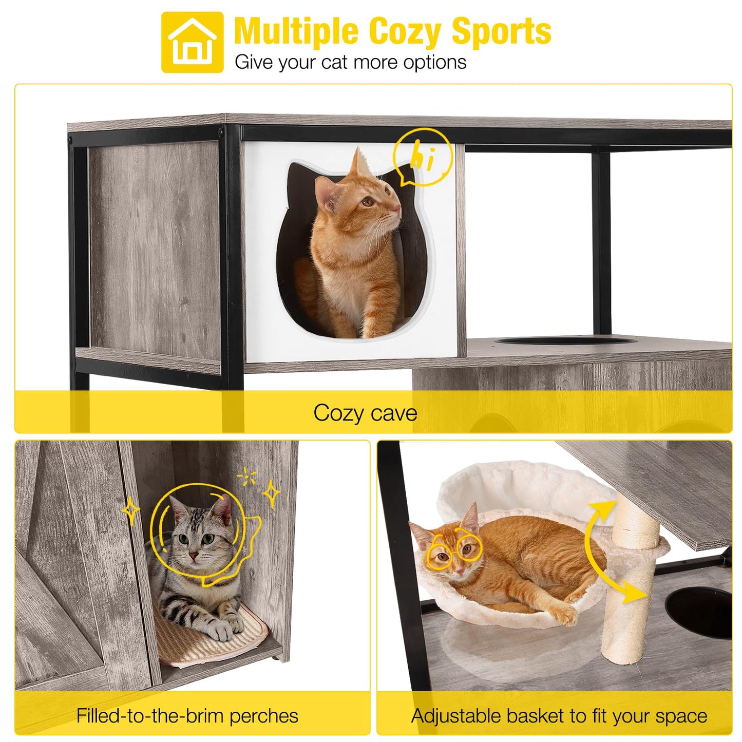 Aivituvin Cat Litter Box Enclosure, Litter Box Furniture Hidden, Wooden Cat Washroom Furniture, Indoor Cats House with Condo, Hammock, Scratching Mat and Storage Shelves-Greige