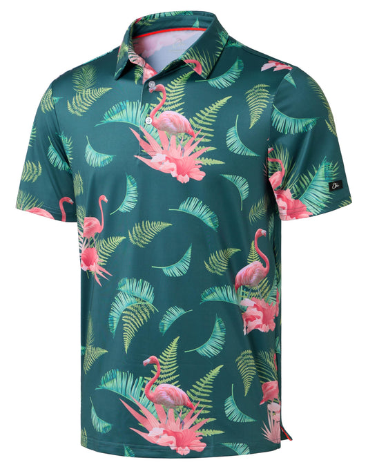 Obla Mens Golf Polo Shirts Short Sleeve Dry Fit Performance Moisture Wicking Casual Print Collared Golf Shirts for Men(Green Flamingo_L)
